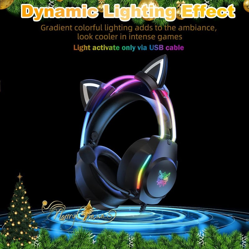 ONITOON Gaming Headset with Microphone, Cat Ear Headphones for PC Laptop PS4 PS5 Xbox Switch, Rainbow RGB Lighting & Virtual Surround Sound, 3.5mm Wired Over Ear Headphones, Ergonomic - Image 2